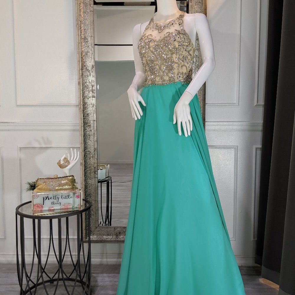 Aqua Jade Beaded Formal Evening Prom Dress